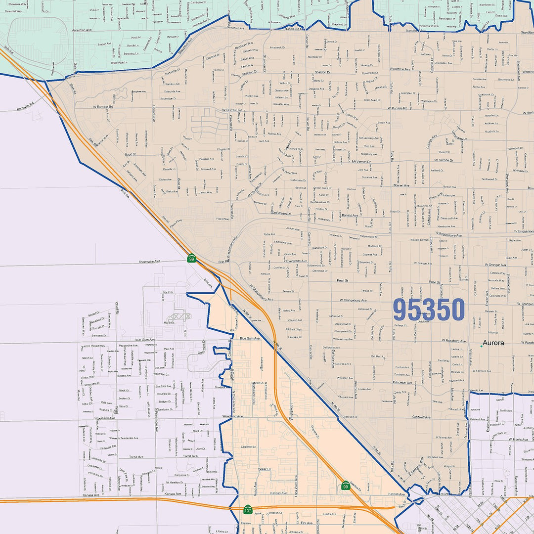 Color Cast Zip Code Style Wall Map of Modesto, CA
