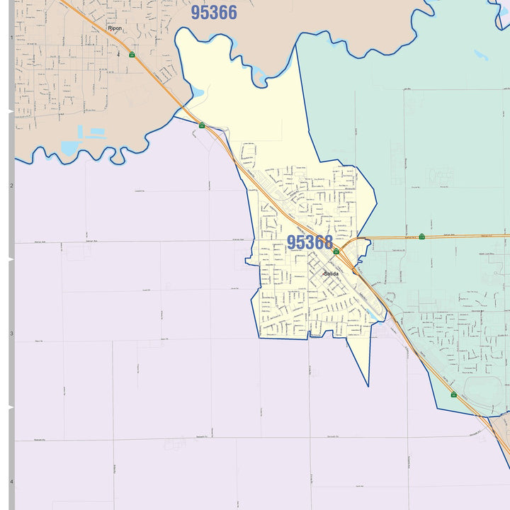Color Cast Zip Code Style Wall Map of Modesto, CA