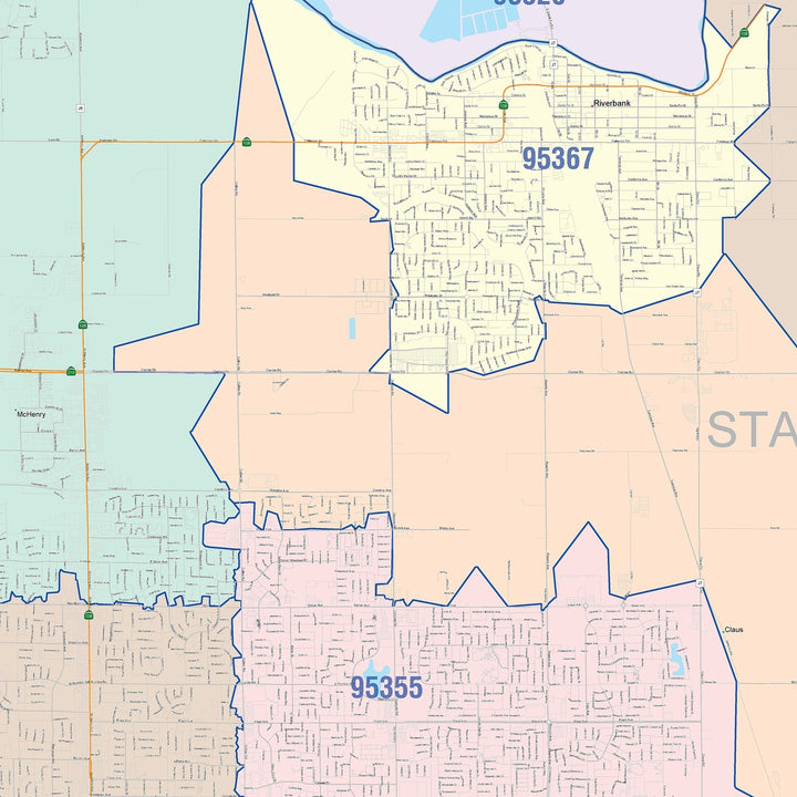 Color Cast Zip Code Style Wall Map of Modesto, CA