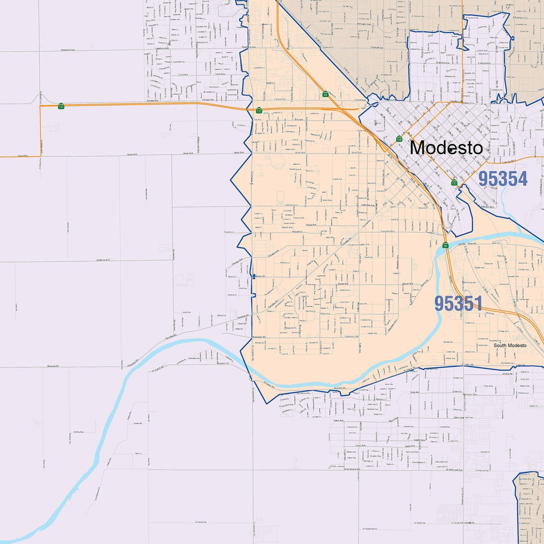 Color Cast Zip Code Style Wall Map of Modesto, CA