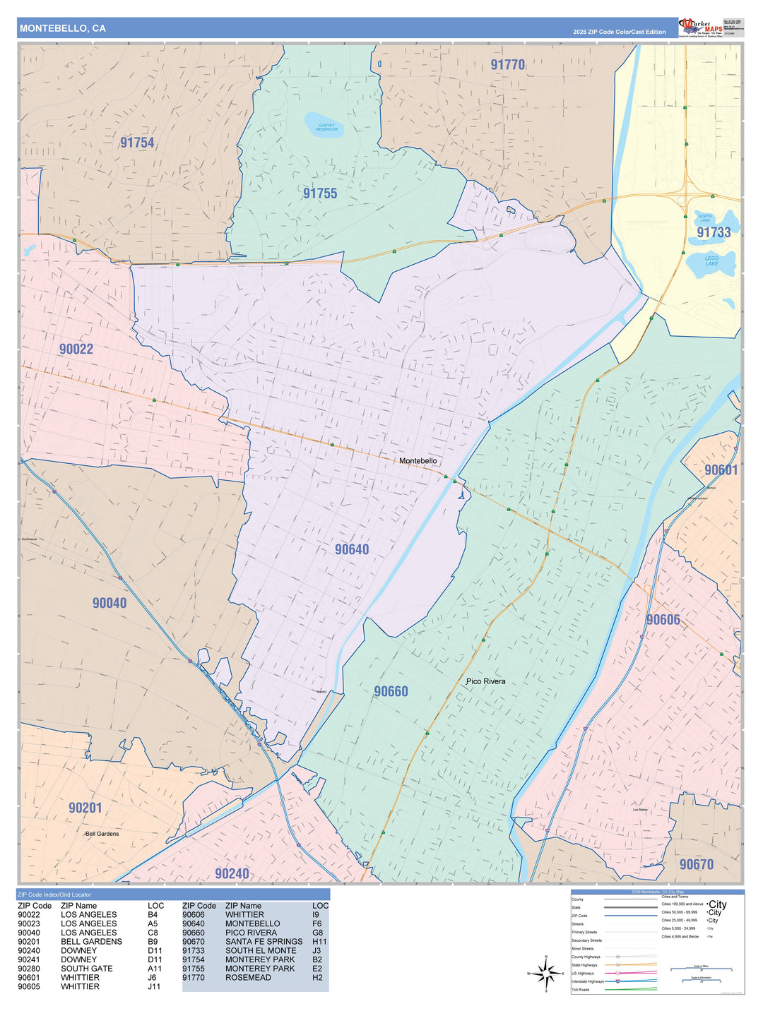 Color Cast Zip Code Style Wall Map of Montebello, CA