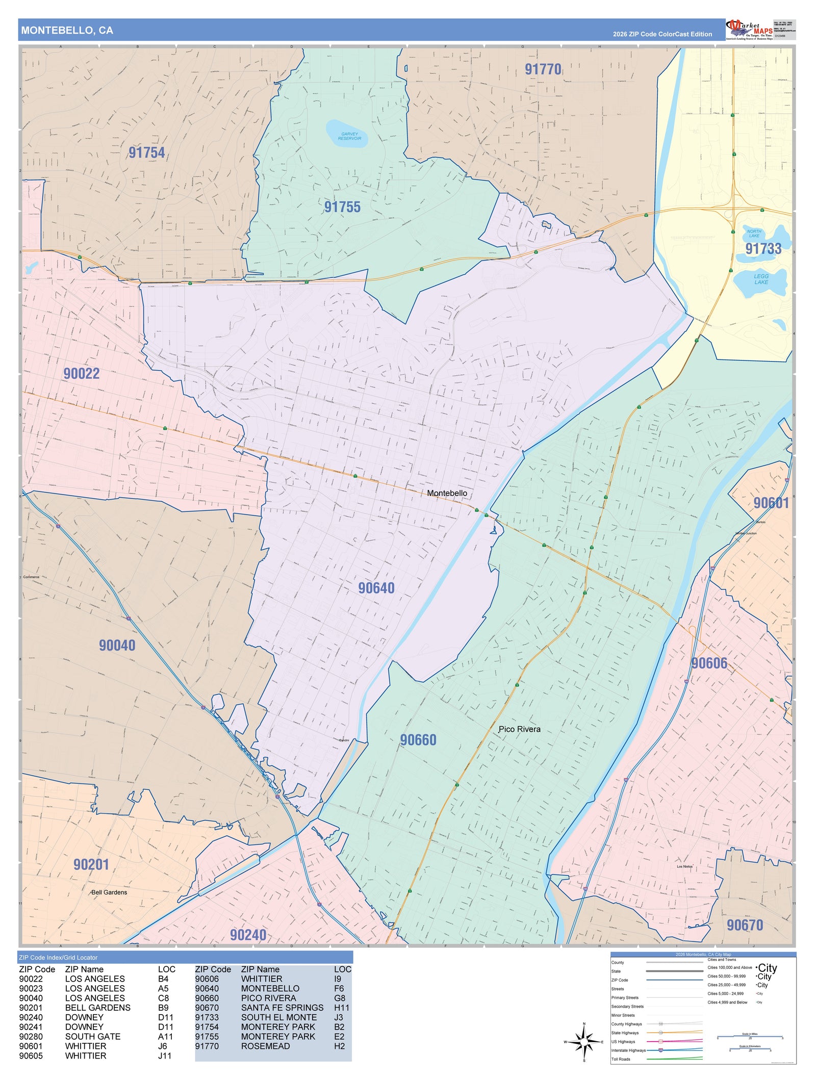Color Cast Zip Code Style Wall Map of Montebello, CA