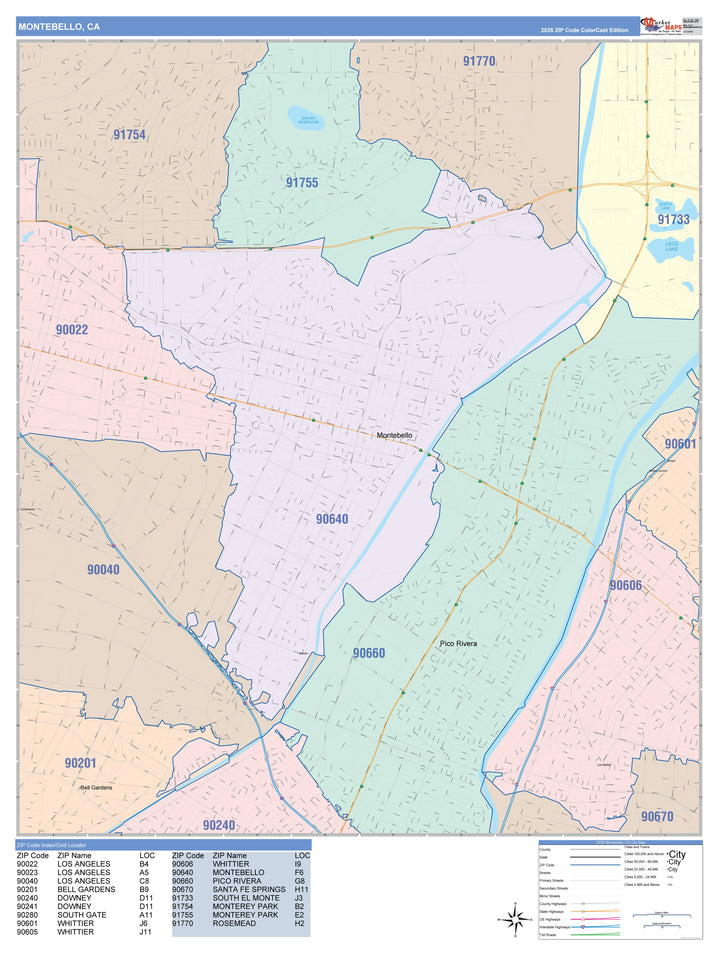 Color Cast Zip Code Style Wall Map of Montebello, CA