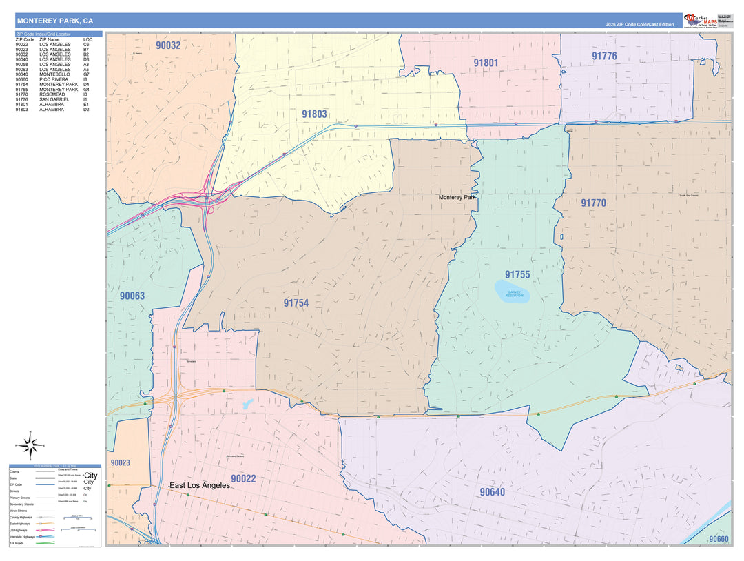 Color Cast Zip Code Style Wall Map of Monterey Park, CA