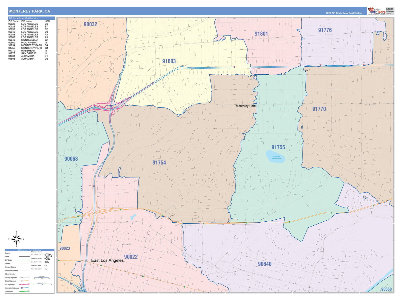 Color Cast Zip Code Style Wall Map of Monterey Park, CA