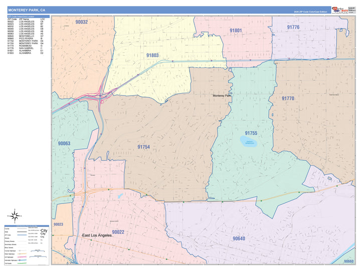 Color Cast Zip Code Style Wall Map of Monterey Park, CA