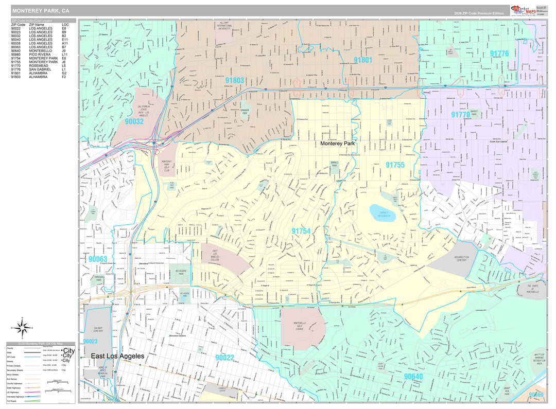 Premium Style Wall Map of Monterey Park, CA