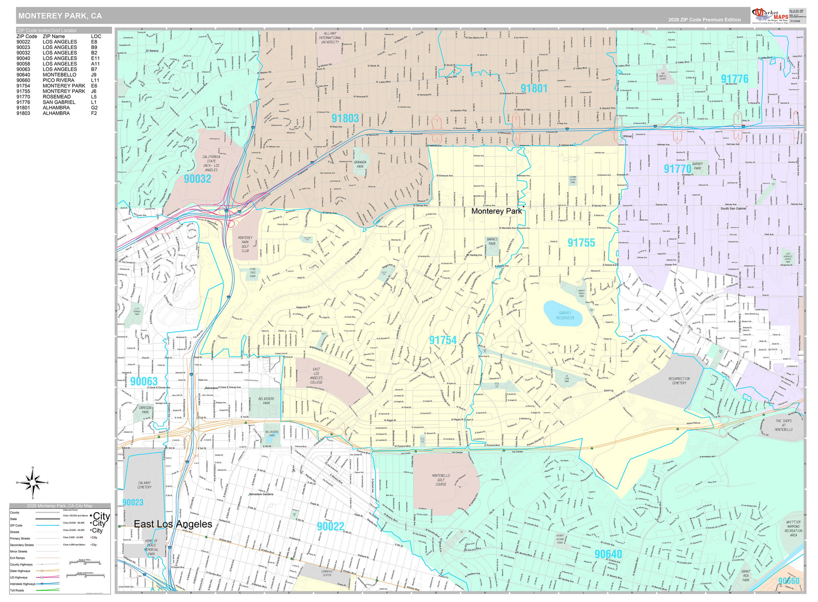 Premium Style Wall Map of Monterey Park, CA