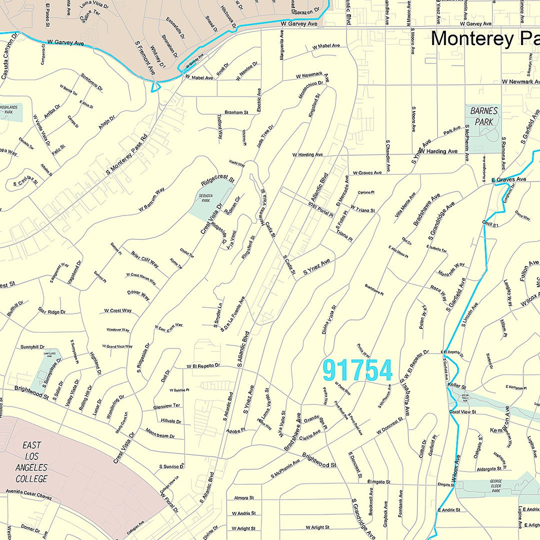 Premium Style Wall Map of Monterey Park, CA
