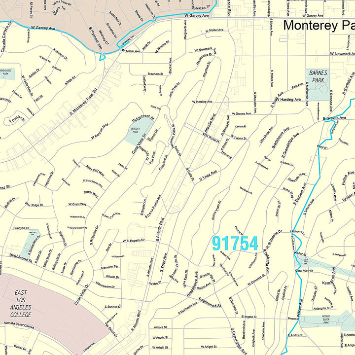 Premium Style Wall Map of Monterey Park, CA
