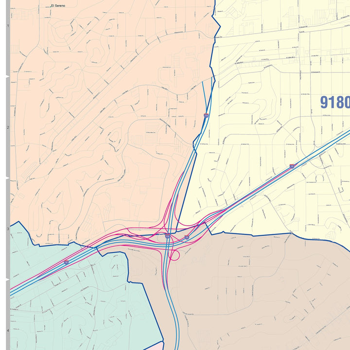Color Cast Zip Code Style Wall Map of Monterey Park, CA