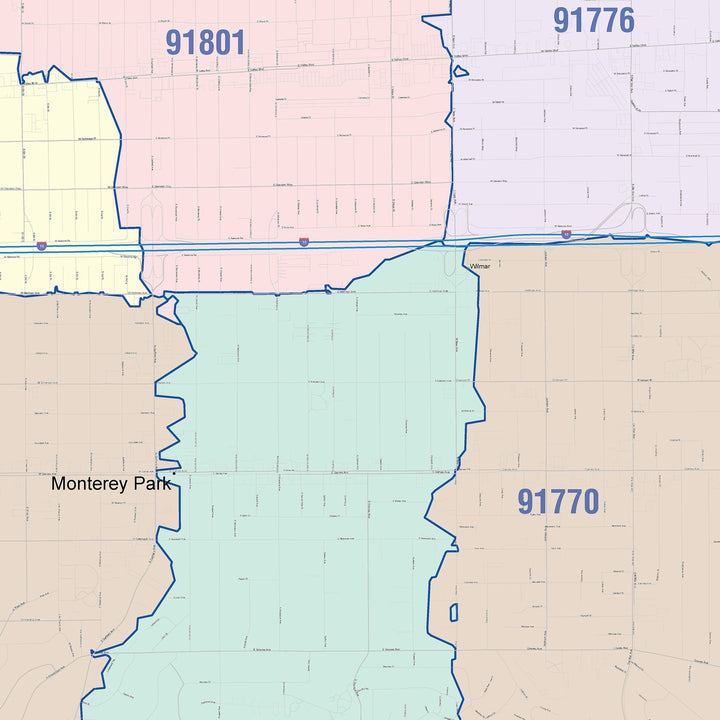 Color Cast Zip Code Style Wall Map of Monterey Park, CA