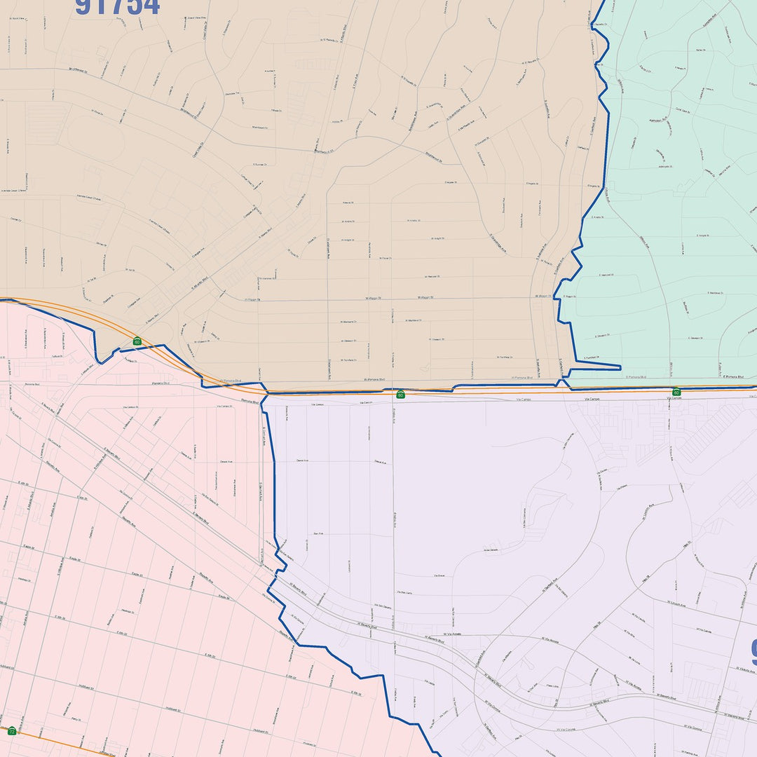 Color Cast Zip Code Style Wall Map of Monterey Park, CA