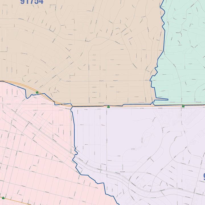 Color Cast Zip Code Style Wall Map of Monterey Park, CA