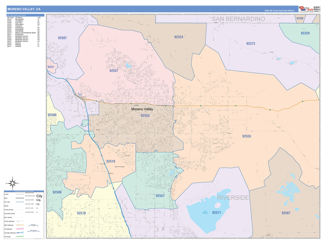 Color Cast Zip Code Style Wall Map of Moreno Valley, CA – American Map ...