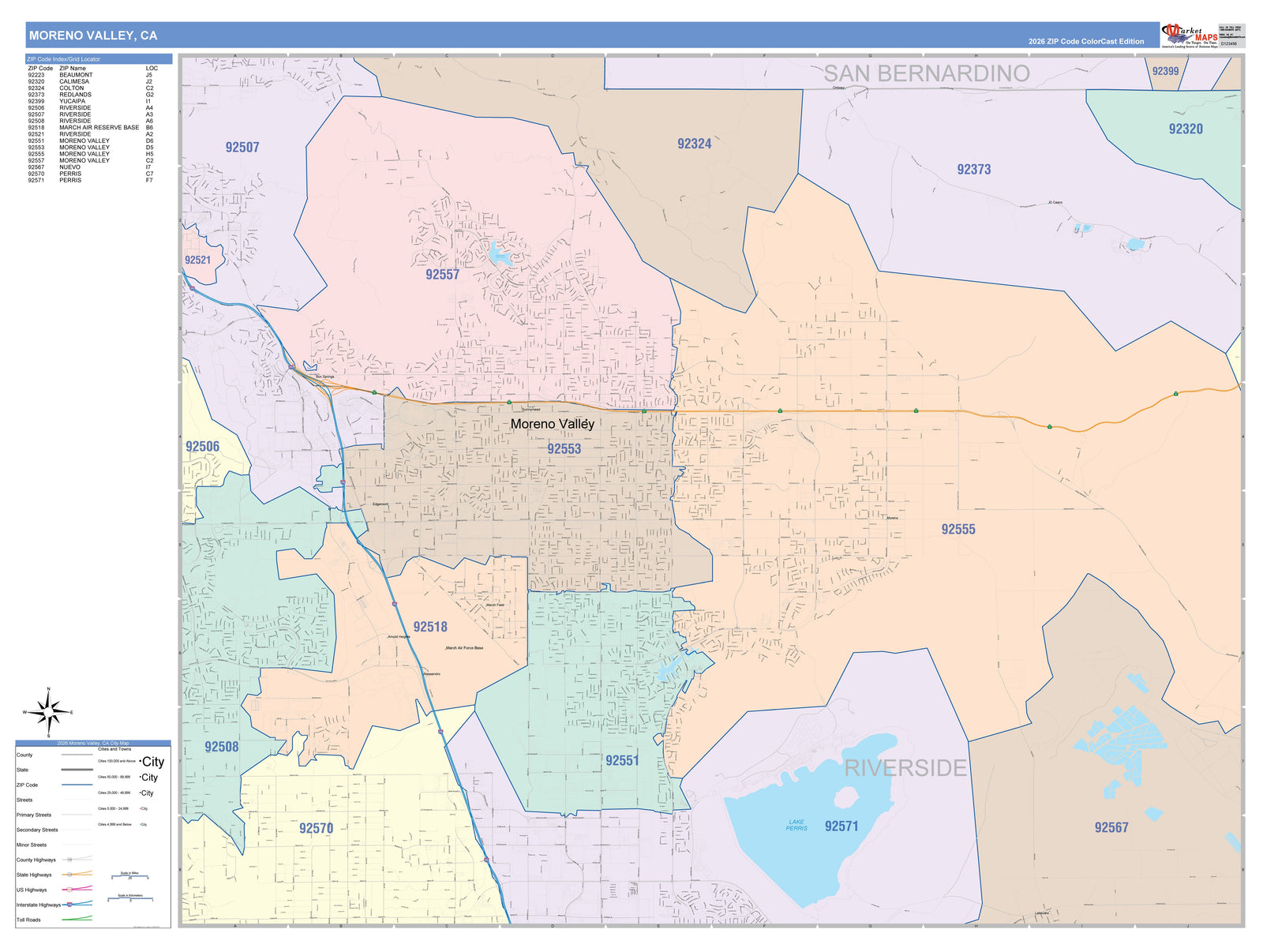 Color Cast Zip Code Style Wall Map of Moreno Valley, CA