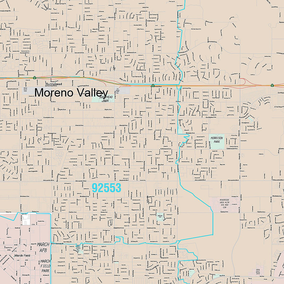 Premium Style Wall Map of Moreno Valley CA