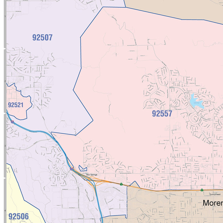 Color Cast Zip Code Style Wall Map of Moreno Valley, CA