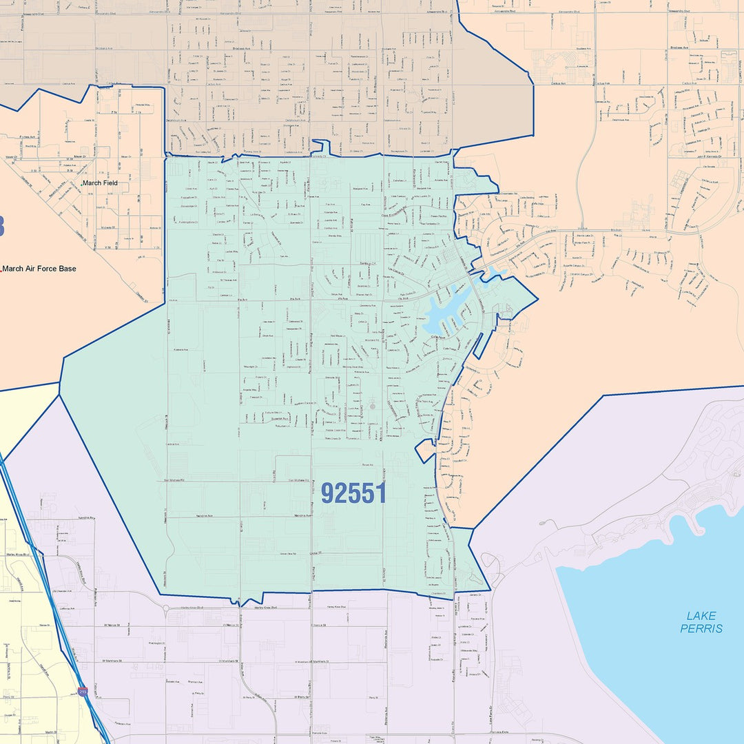 Color Cast Zip Code Style Wall Map of Moreno Valley, CA – American Map ...
