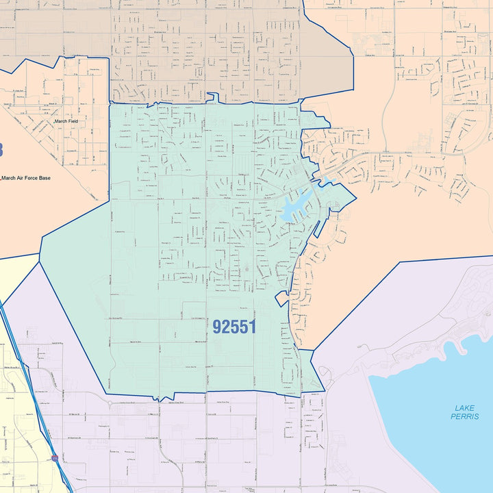 Color Cast Zip Code Style Wall Map of Moreno Valley, CA