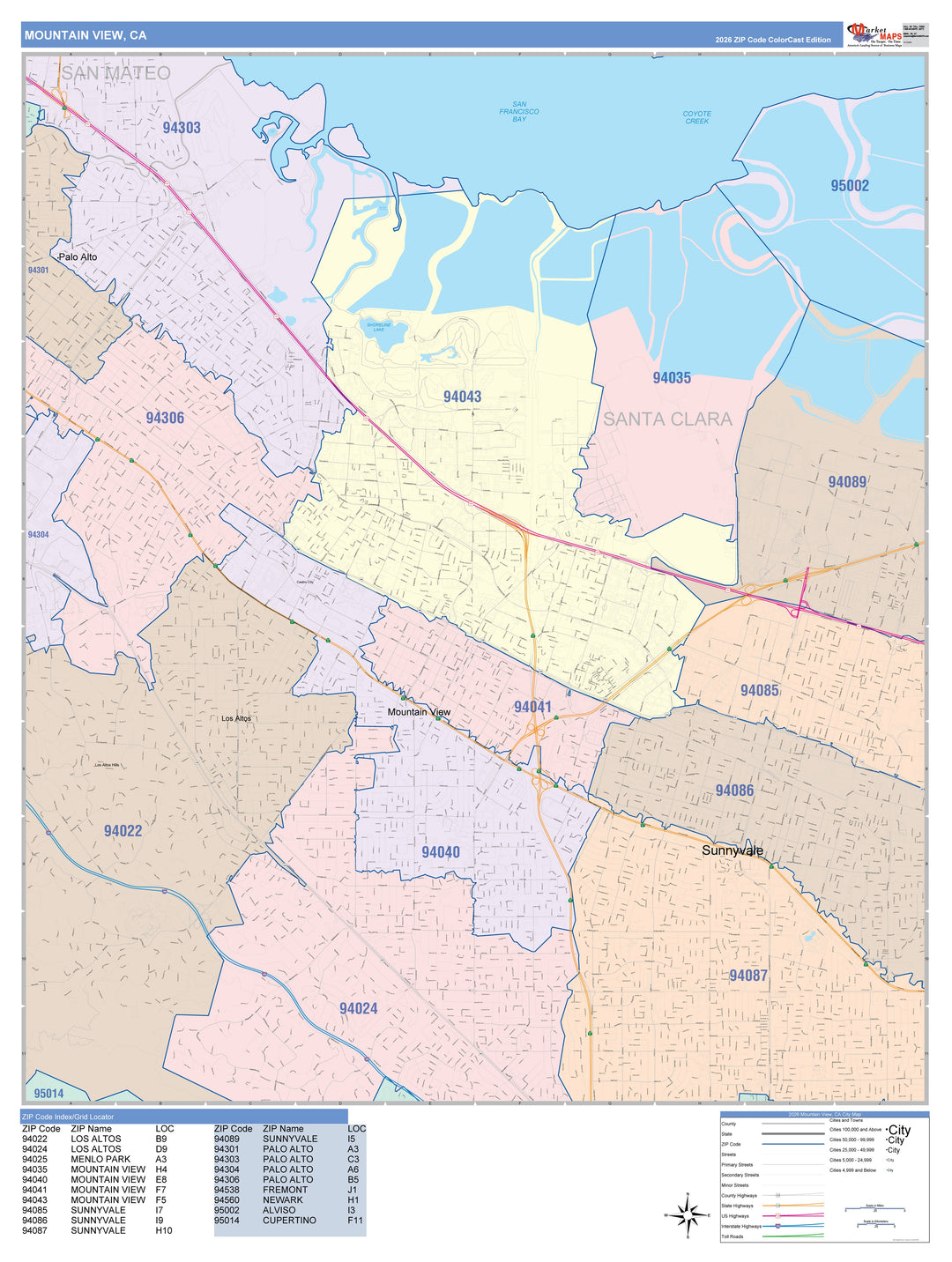 Color Cast Zip Code Style Wall Map of Mountain View, CA
