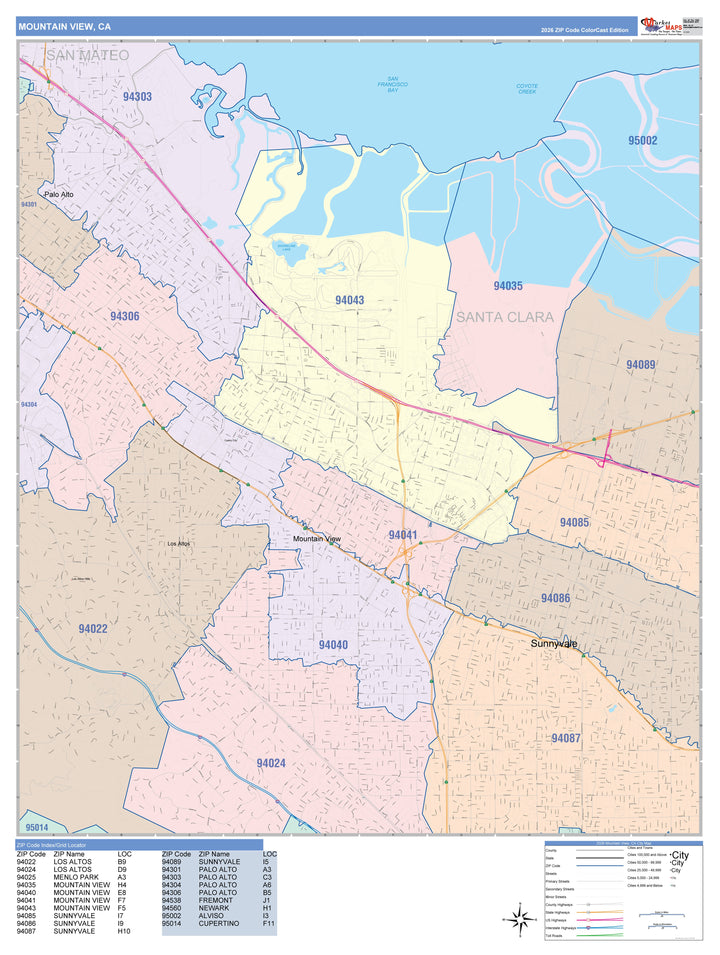 Color Cast Zip Code Style Wall Map of Mountain View, CA
