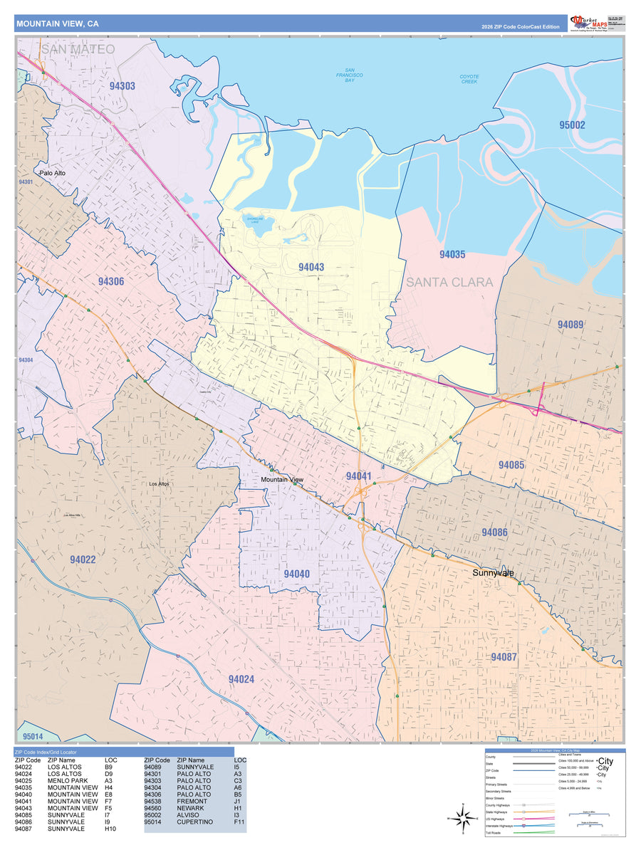 Color Cast Zip Code Style Wall Map of Mountain View, CA – American Map ...