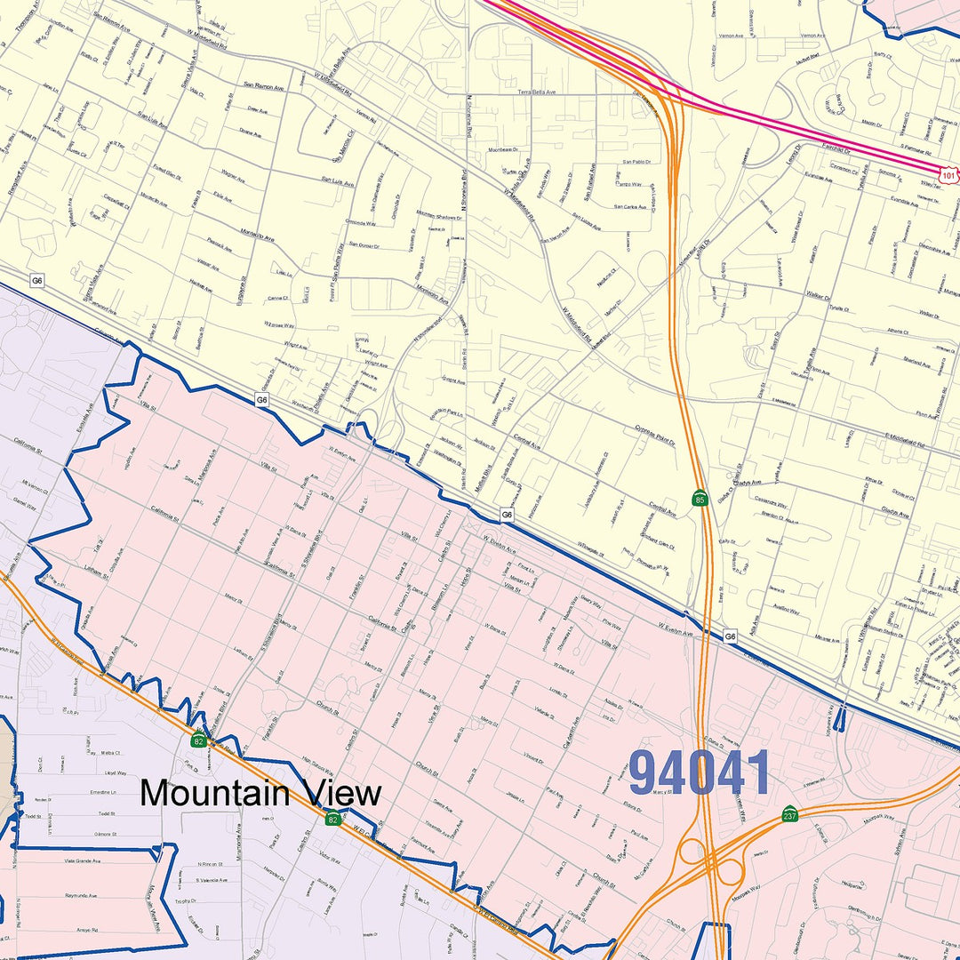 Color Cast Zip Code Style Wall Map of Mountain View, CA