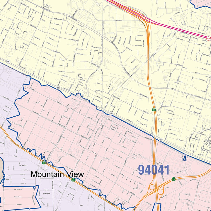 Color Cast Zip Code Style Wall Map of Mountain View, CA