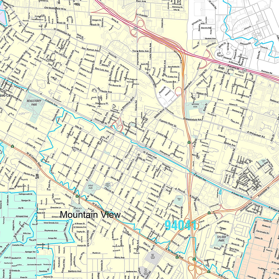 Premium Style Wall Map of Mountain View, CA