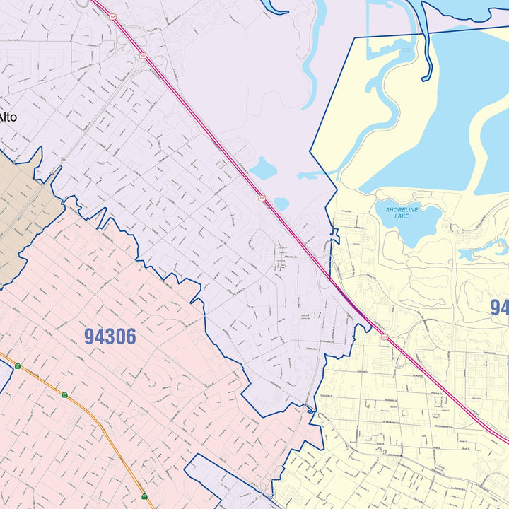 Color Cast Zip Code Style Wall Map of Mountain View, CA