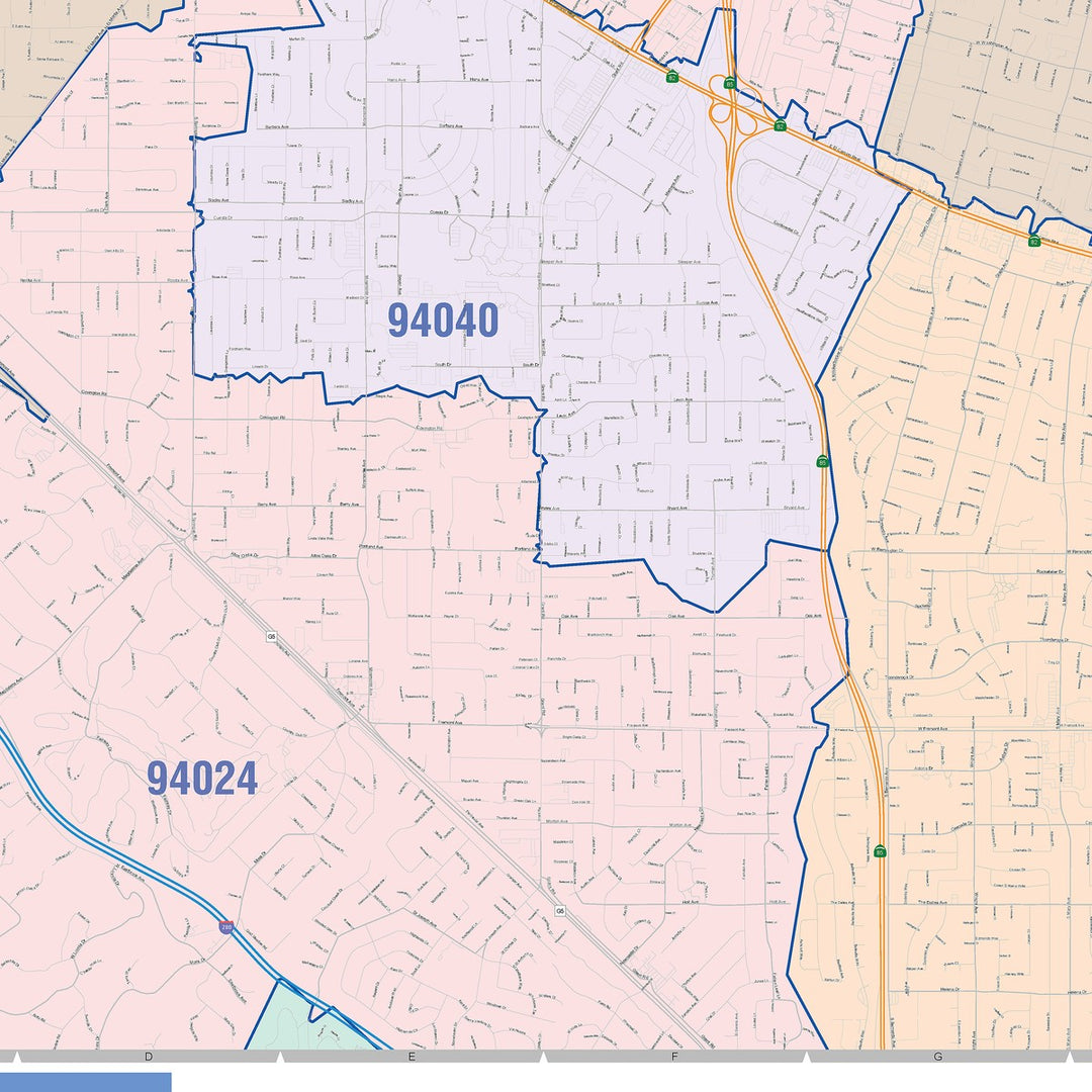 Color Cast Zip Code Style Wall Map of Mountain View, CA