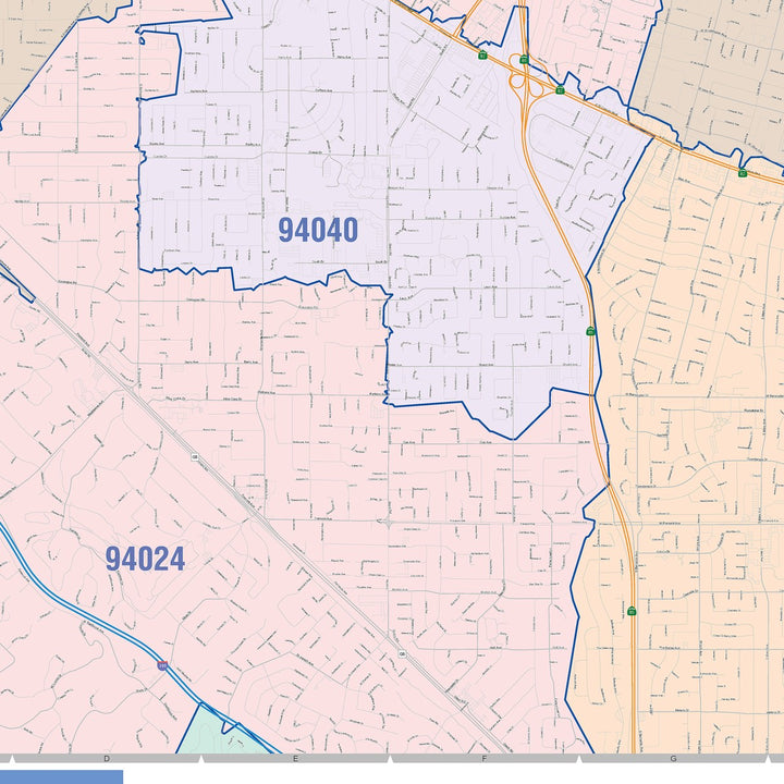 Color Cast Zip Code Style Wall Map of Mountain View, CA