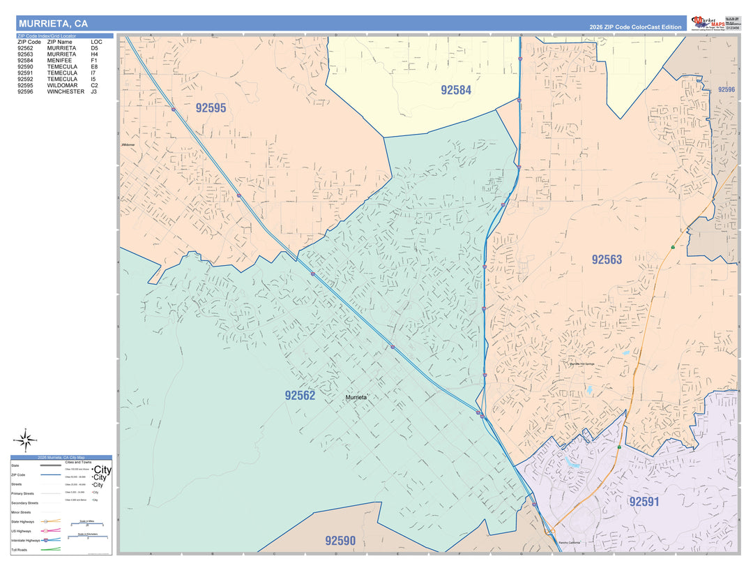 Color Cast Zip Code Style Wall Map of Murrieta, CA
