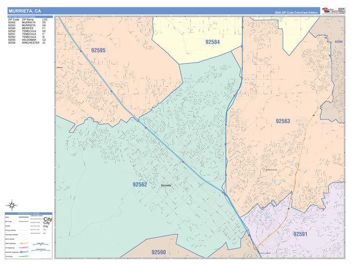 Color Cast Zip Code Style Wall Map of Murrieta, CA