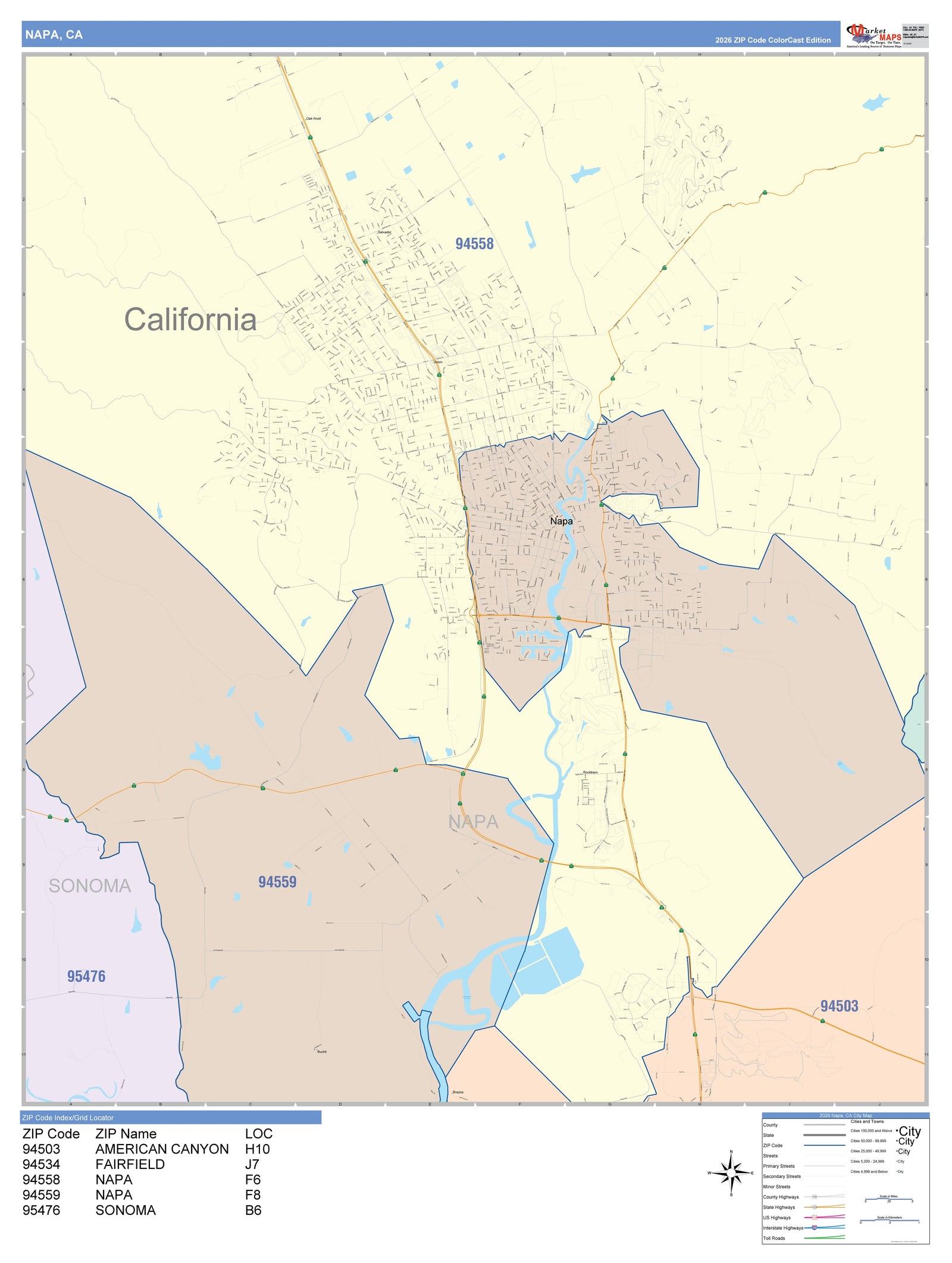 Color Cast Zip Code Style Wall Map of Napa, CA