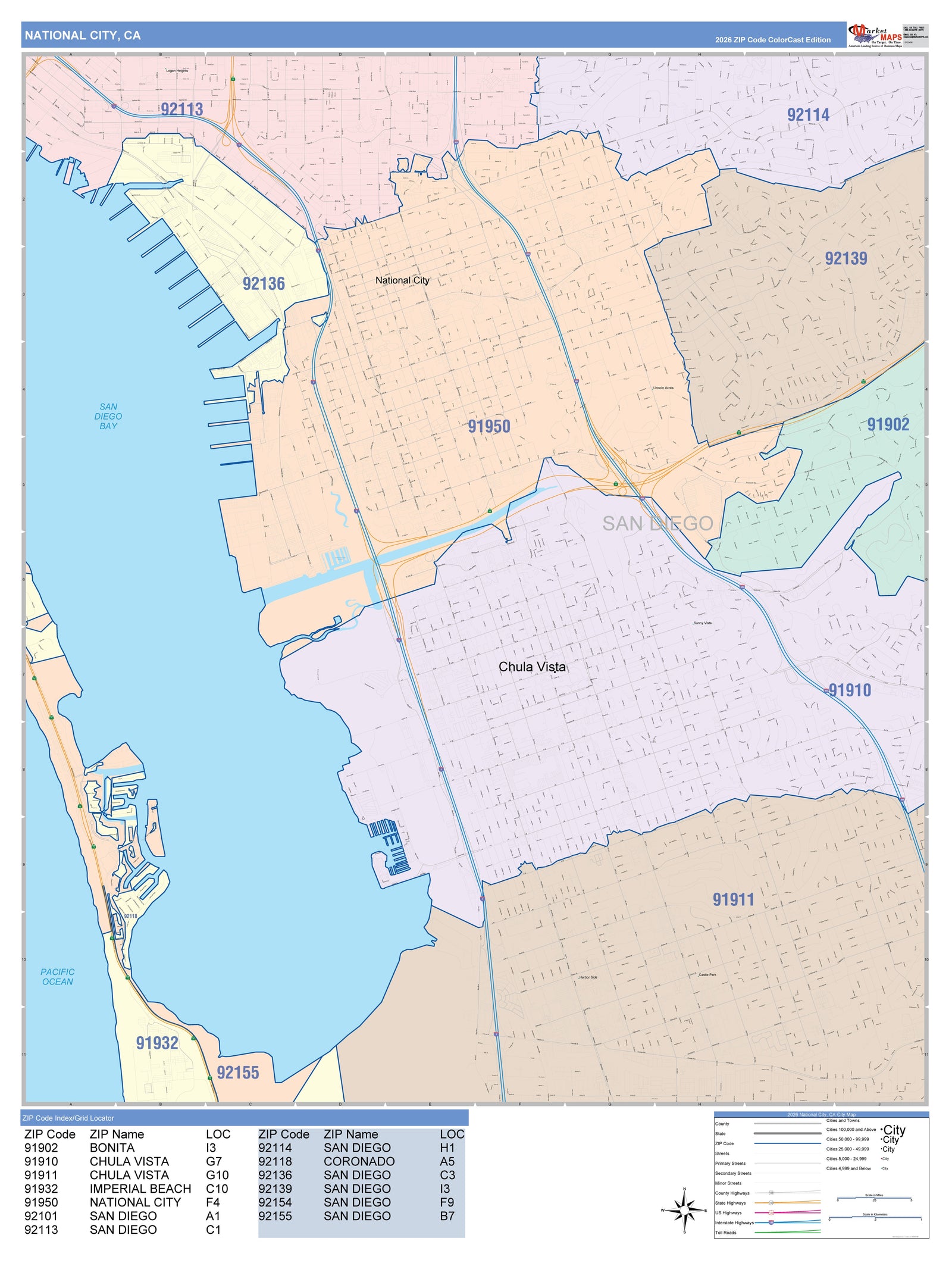 Color Cast Zip Code Style Wall Map of National City, CA