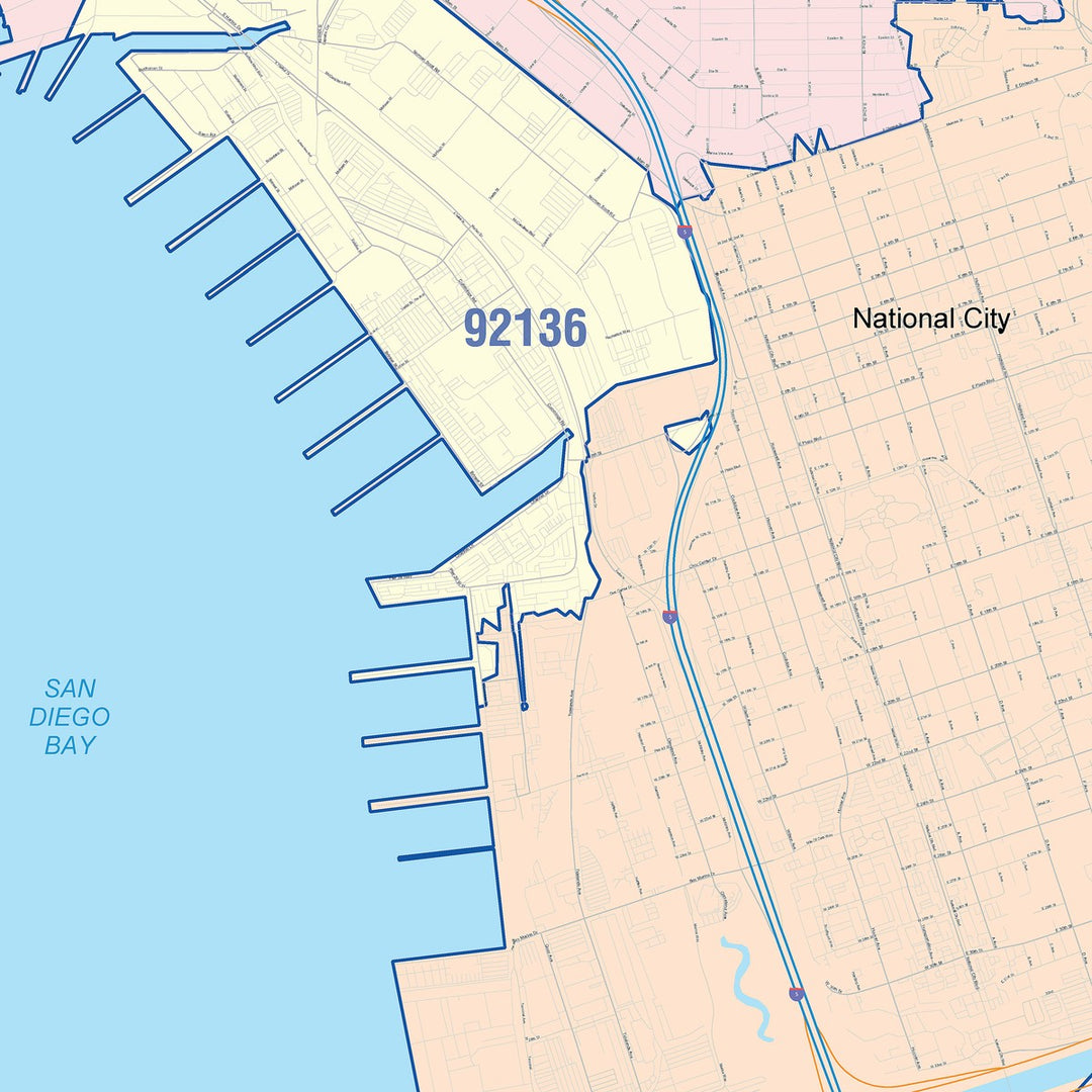 Color Cast Zip Code Style Wall Map of National City, CA