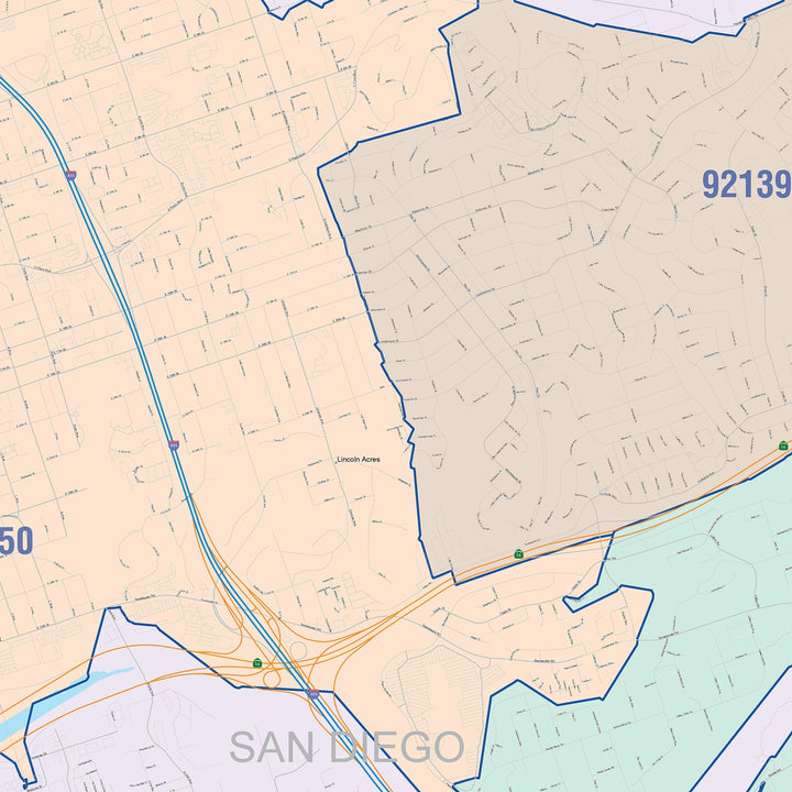 Color Cast Zip Code Style Wall Map of National City, CA