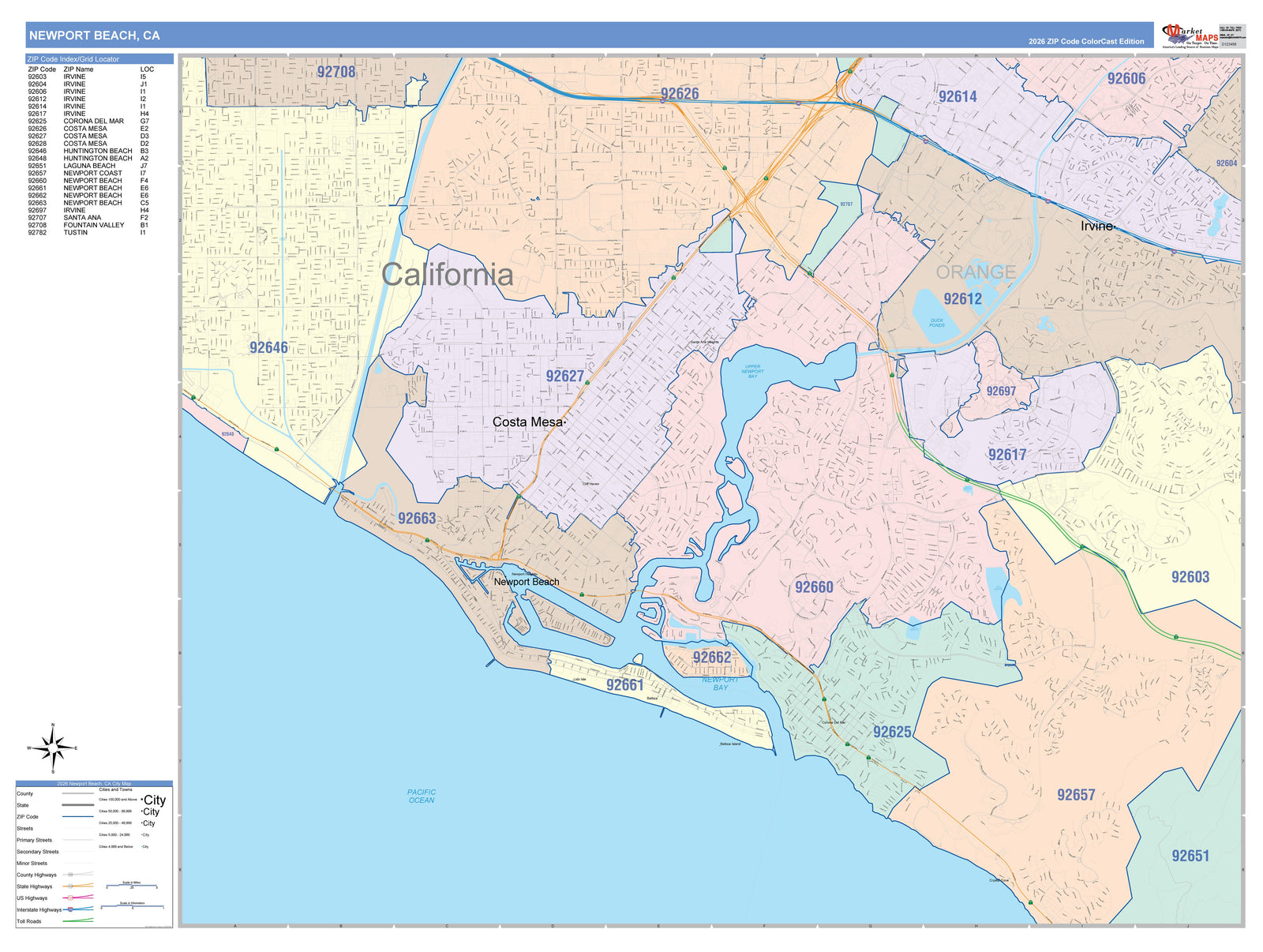 Color Cast Zip Code Style Wall Map of Newport Beach, CA