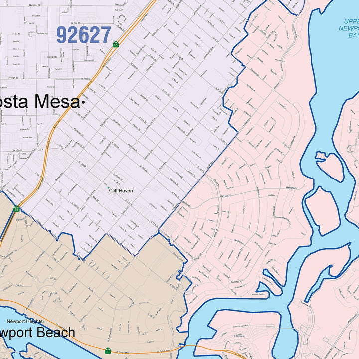 Color Cast Zip Code Style Wall Map of Newport Beach, CA