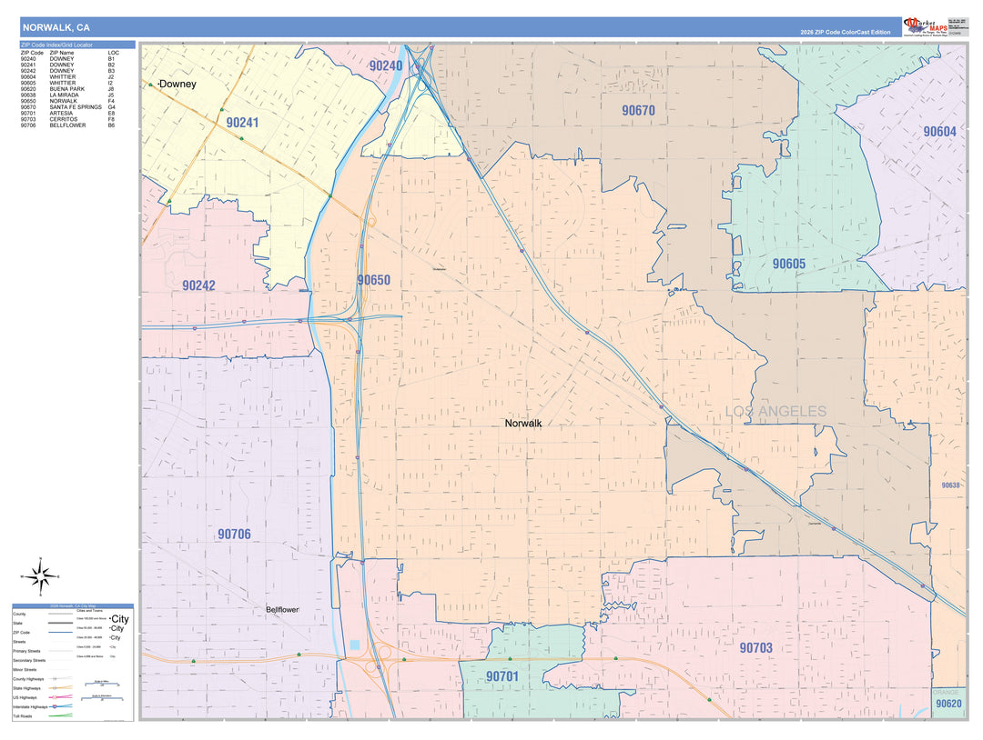 Color Cast Zip Code Style Wall Map of Norwalk, CA