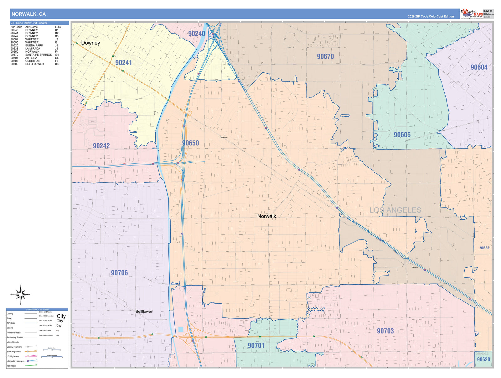 Color Cast Zip Code Style Wall Map of Norwalk, CA