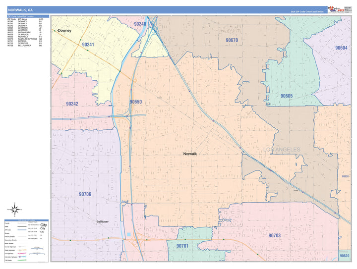 Color Cast Zip Code Style Wall Map of Norwalk, CA