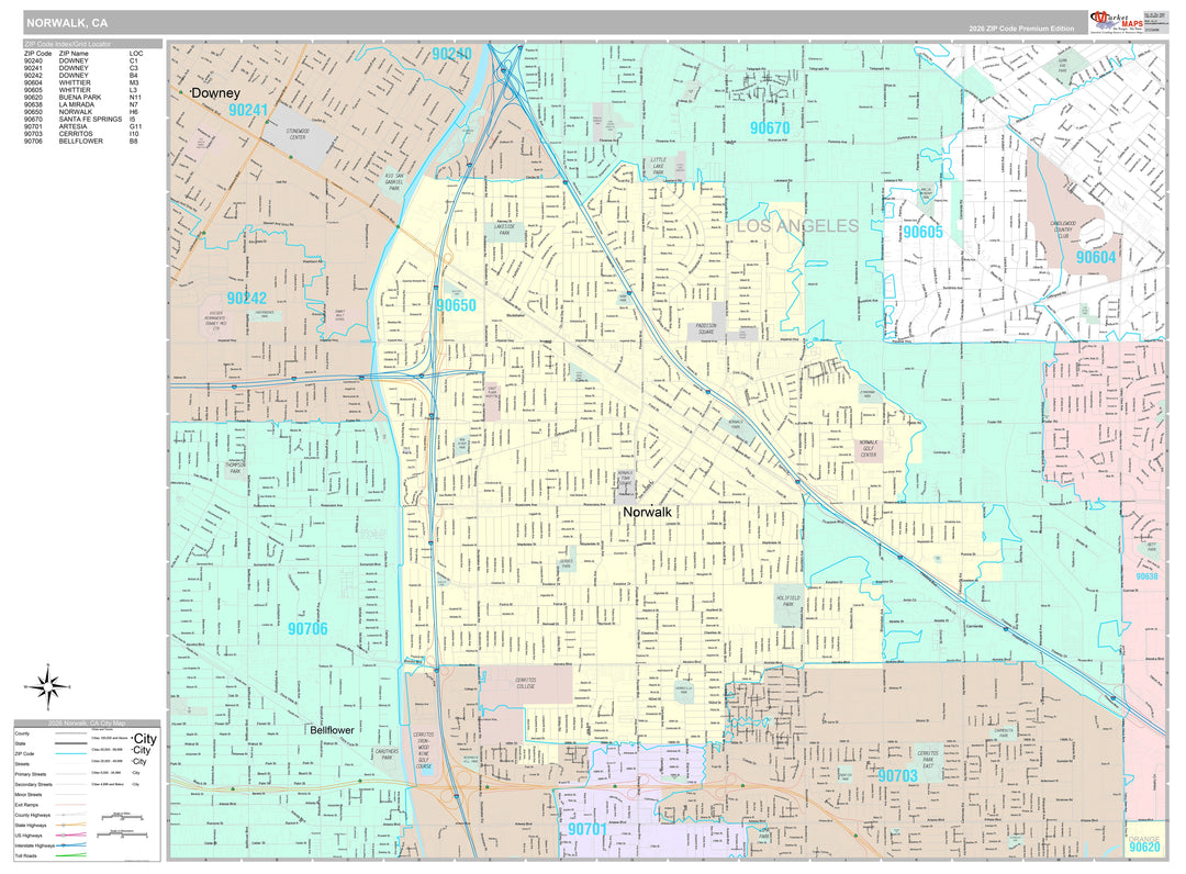 Premium Style Wall Map of Norwalk, CA