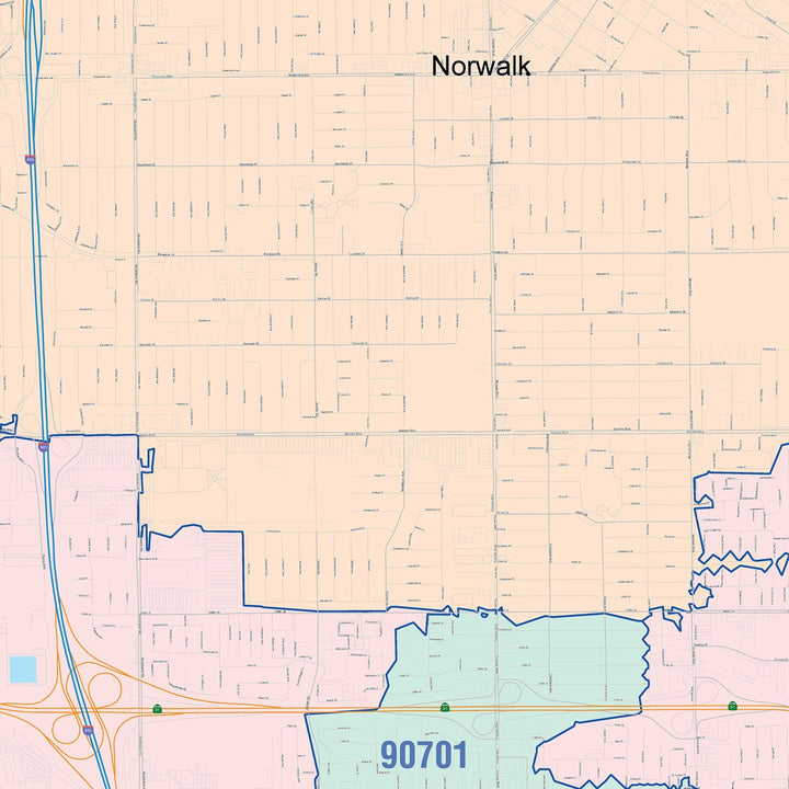 Color Cast Zip Code Style Wall Map of Norwalk, CA