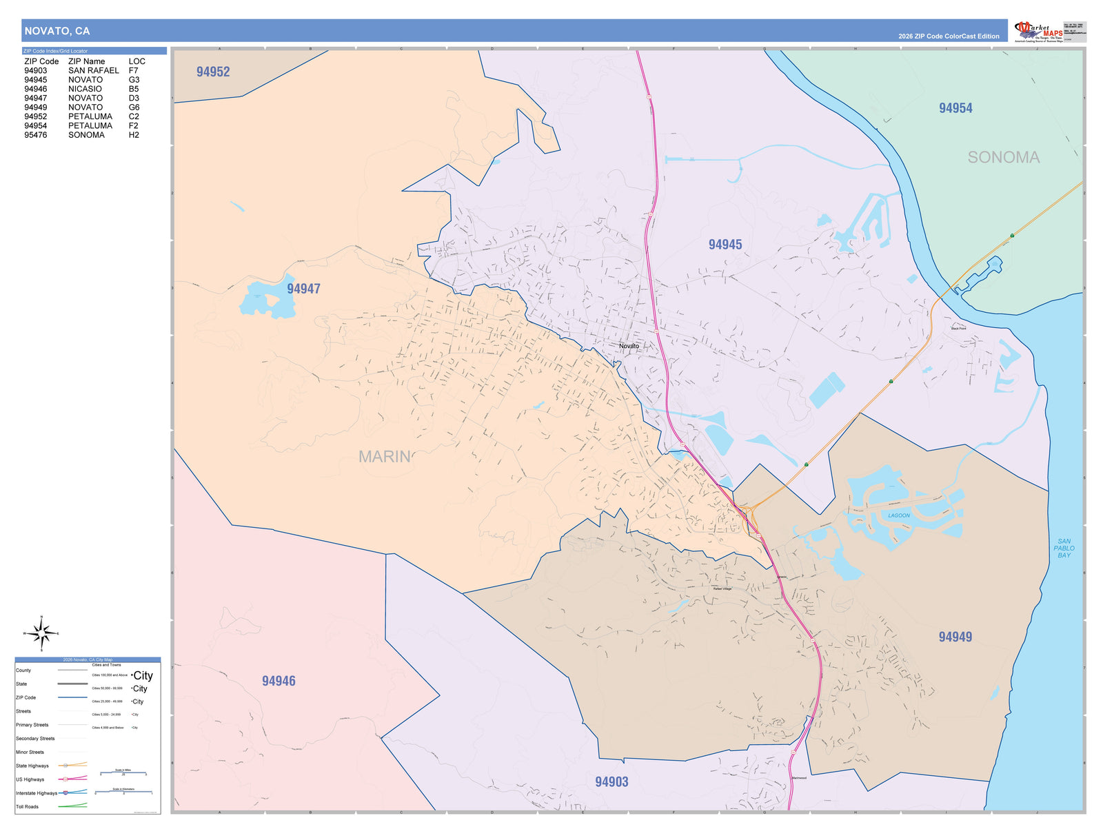Color Cast Zip Code Style Wall Map of Novato, CA