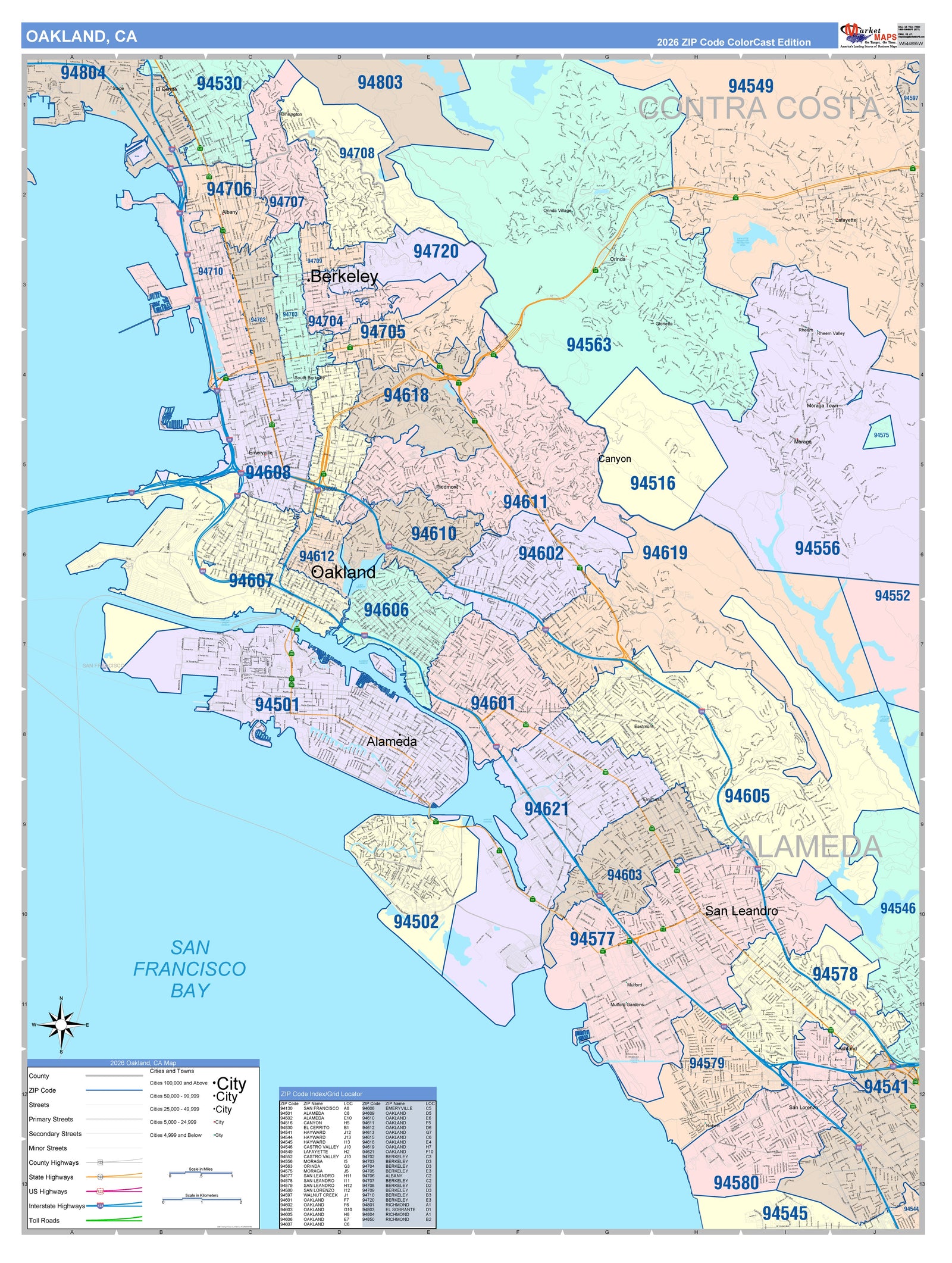 Colorcast Zip Code Style Wall Map of Oakland CA