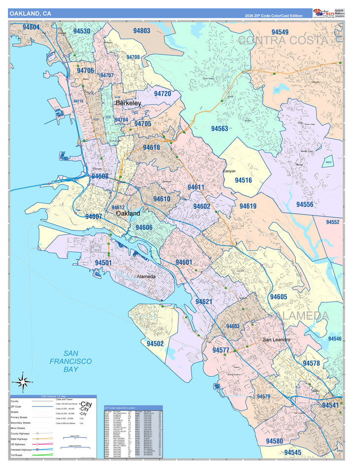Colorcast Zip Code Style Wall Map of Oakland CA
