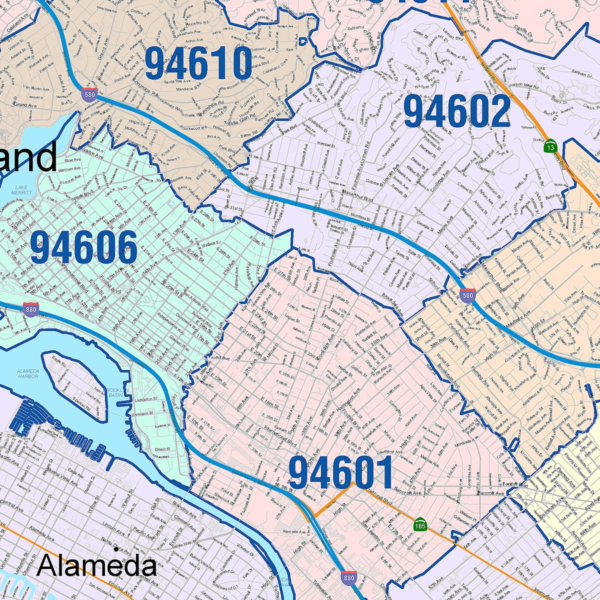 Colorcast Zip Code Style Wall Map of Oakland, CA – American Map Store